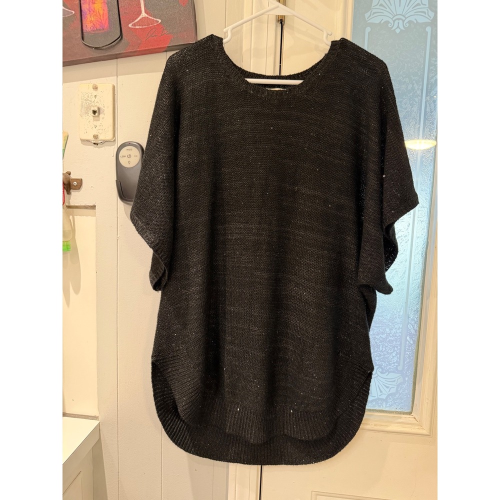 Mud Pie Black Sequin Knit Poncho Sweater Oversized High Low Hem Womens M/L